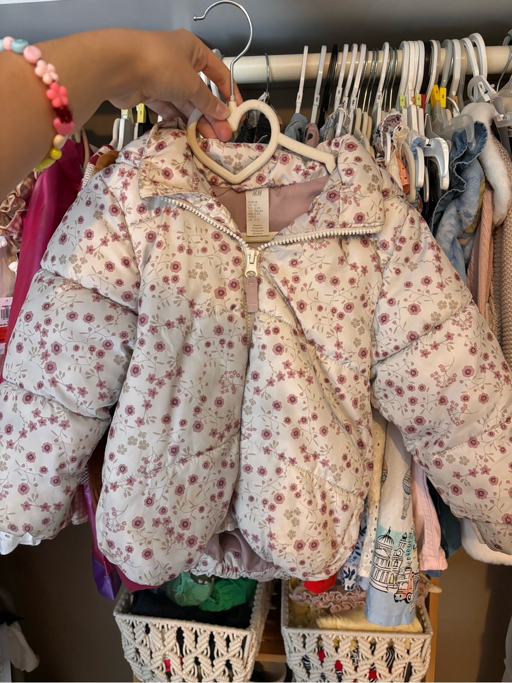 Girls' Floral Puffer Jacket - Pink/White